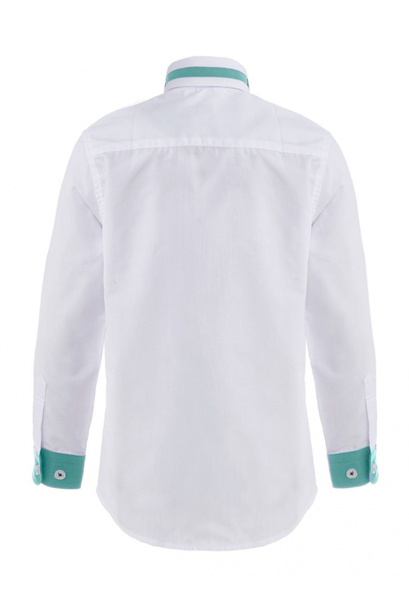 Рубашка для мальчика цветным манжетом бело-зеленая