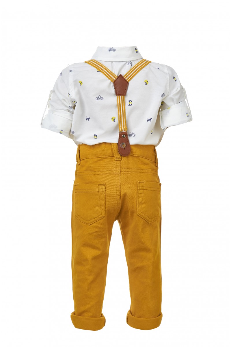 Стильный костюм для мальчика с желтыми брюками и подтяжками