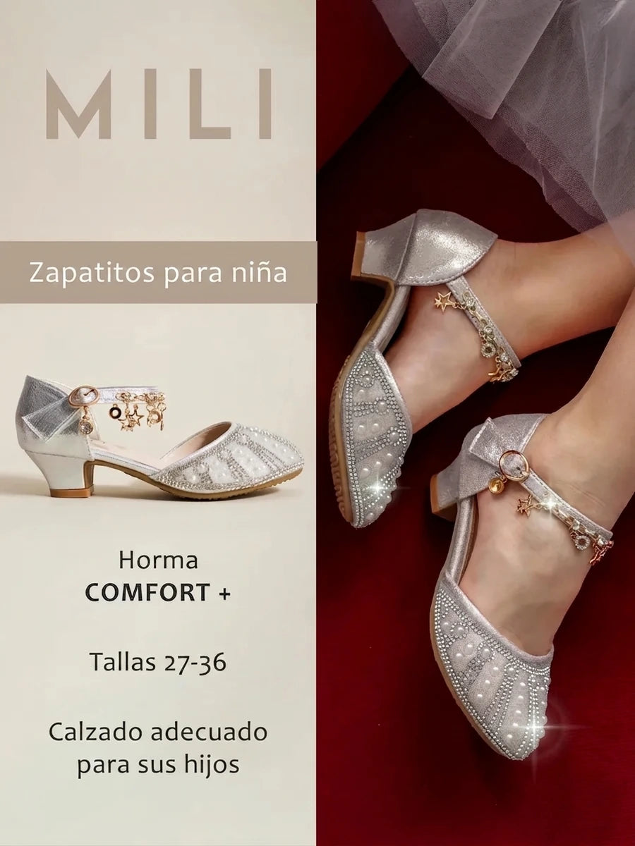 zapatos de fiesta para niña MiLi plateados con tacón y strass (1)
